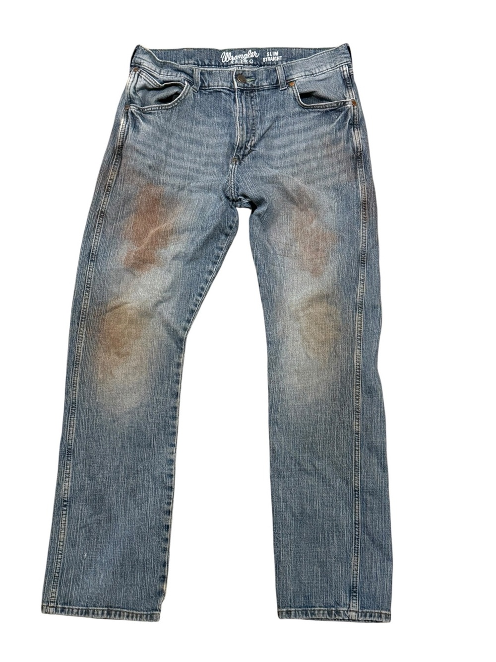 Wrangler Slim Straight Jeans in Faded Blue with Brown Wash